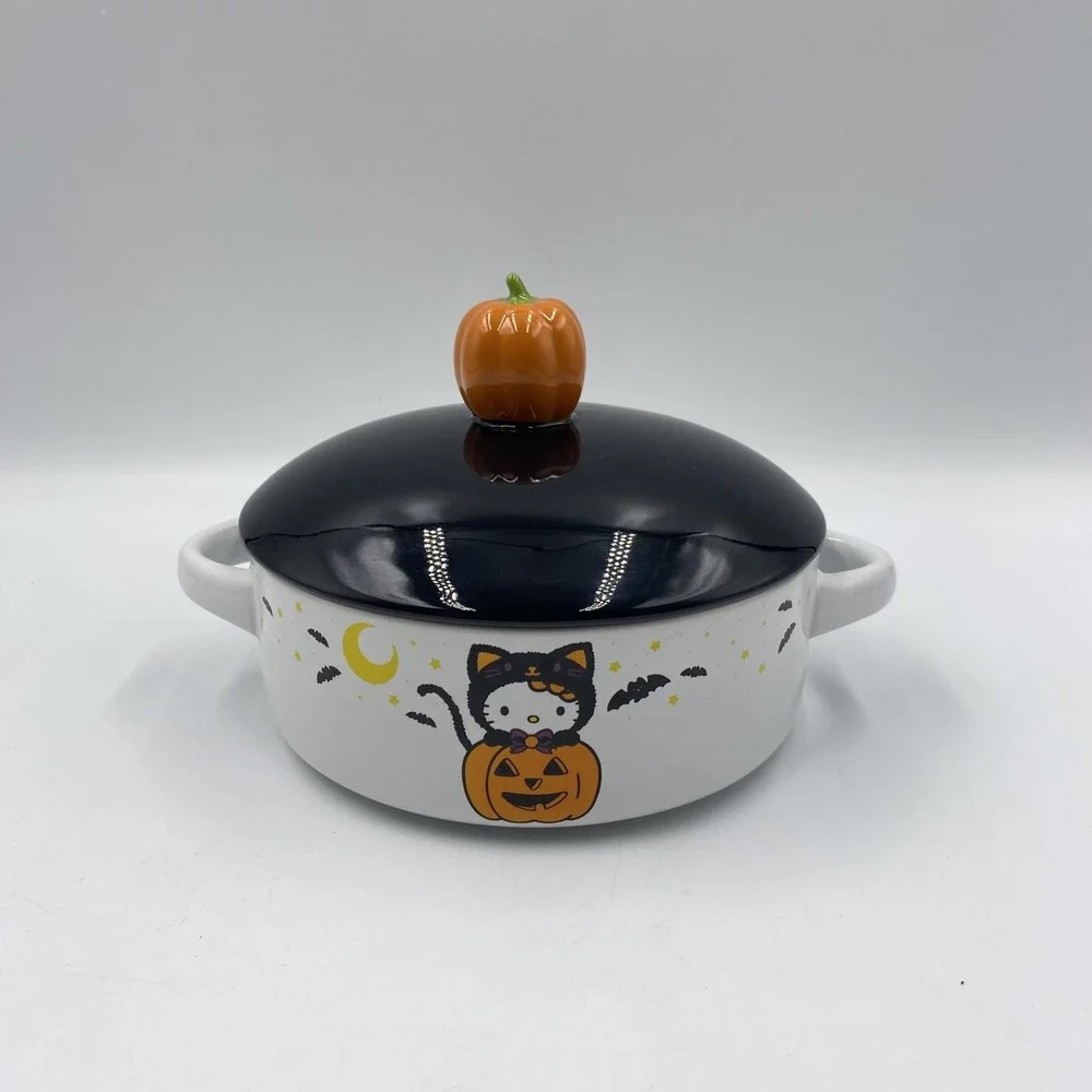 Hello Kitty Sanrio Ceramic‎ Casserole Dish With Lid Halloween Pumpkin Black Cat